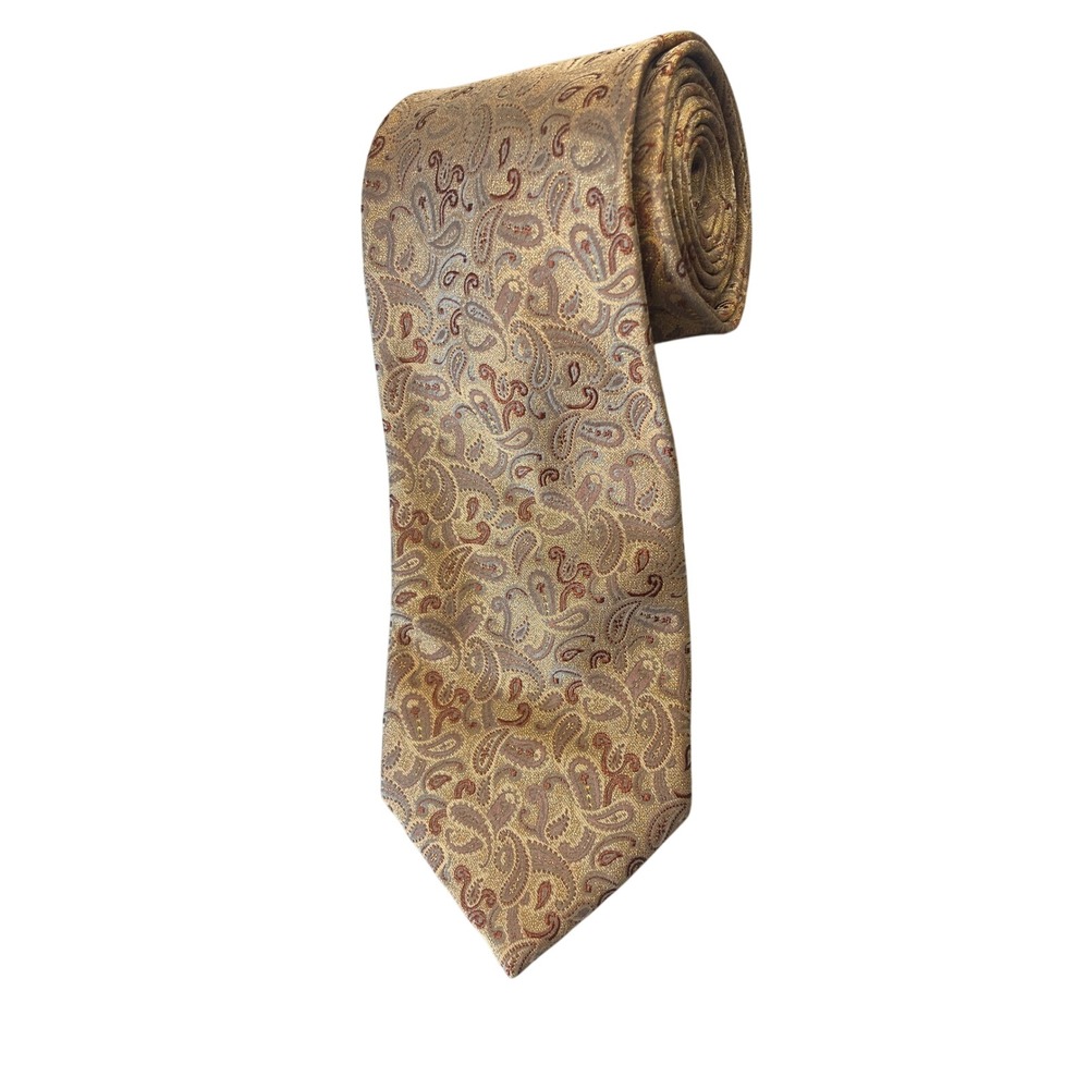 Joseph Abboud Men's Tie Gold Brown Paisley 100% Silk Made in Italy Necktie